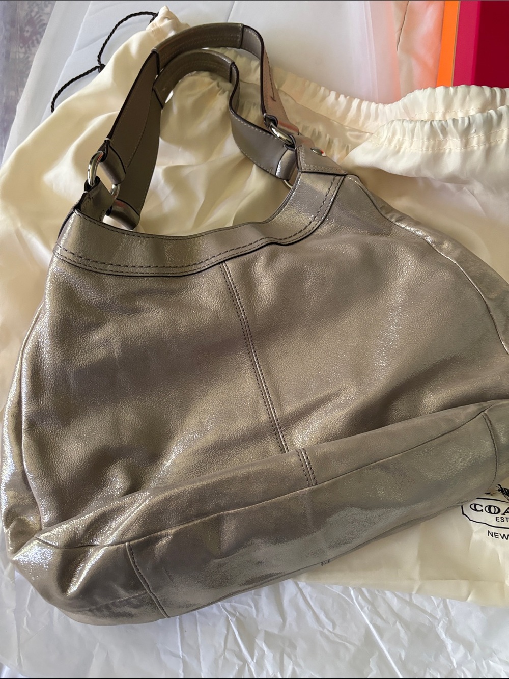 Coach Metallic Taupe Shoulder Bag with Buckle Accent - Picture 3 of 4